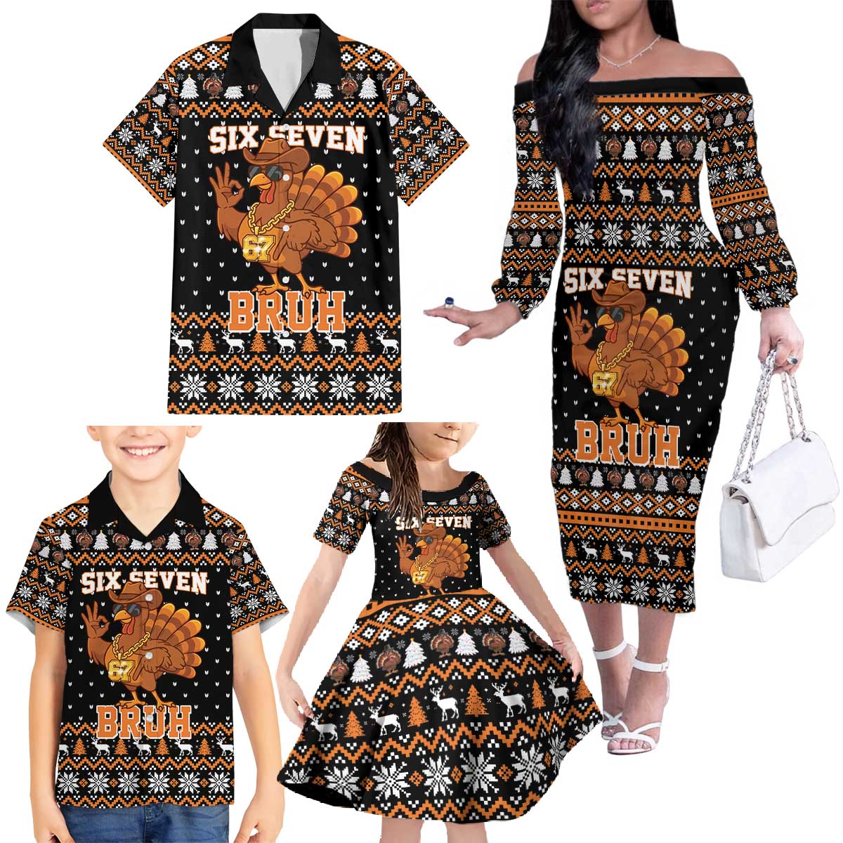 Thanksgiving Turkey Six Seven Bruh Family Matching Off The Shoulder Long Sleeve Dress and Hawaiian Shirt Meme Gen Alpha Slang - Wonder Print Shop