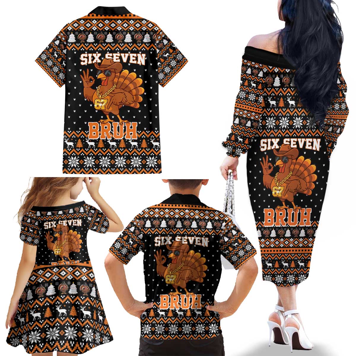 Thanksgiving Turkey Six Seven Bruh Family Matching Off The Shoulder Long Sleeve Dress and Hawaiian Shirt Meme Gen Alpha Slang - Wonder Print Shop