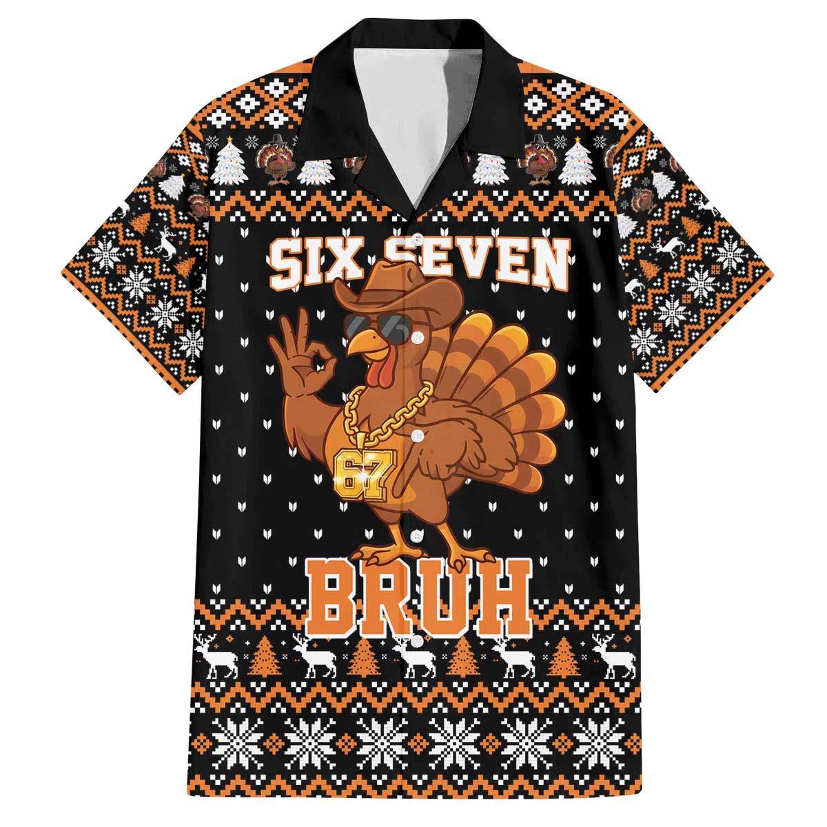 Thanksgiving Turkey Six Seven Bruh Family Matching Off The Shoulder Long Sleeve Dress and Hawaiian Shirt Meme Gen Alpha Slang - Wonder Print Shop