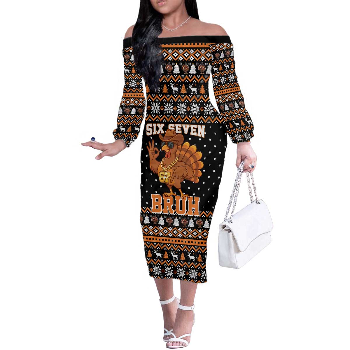 Thanksgiving Turkey Six Seven Bruh Family Matching Off The Shoulder Long Sleeve Dress and Hawaiian Shirt Meme Gen Alpha Slang - Wonder Print Shop