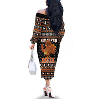 Thanksgiving Turkey Six Seven Bruh Family Matching Off The Shoulder Long Sleeve Dress and Hawaiian Shirt Meme Gen Alpha Slang - Wonder Print Shop