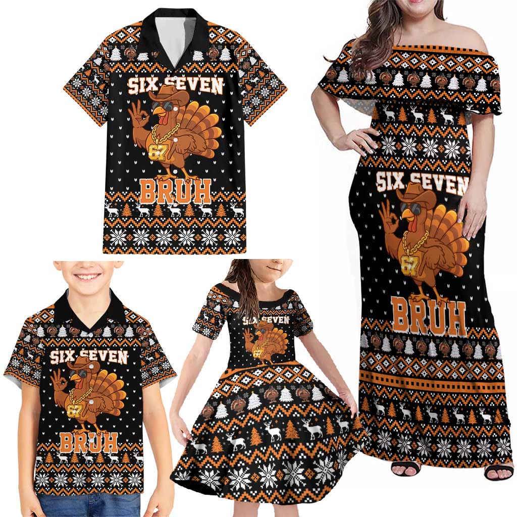 Thanksgiving Turkey Six Seven Bruh Family Matching Off Shoulder Maxi Dress and Hawaiian Shirt Meme Gen Alpha Slang - Wonder Print Shop