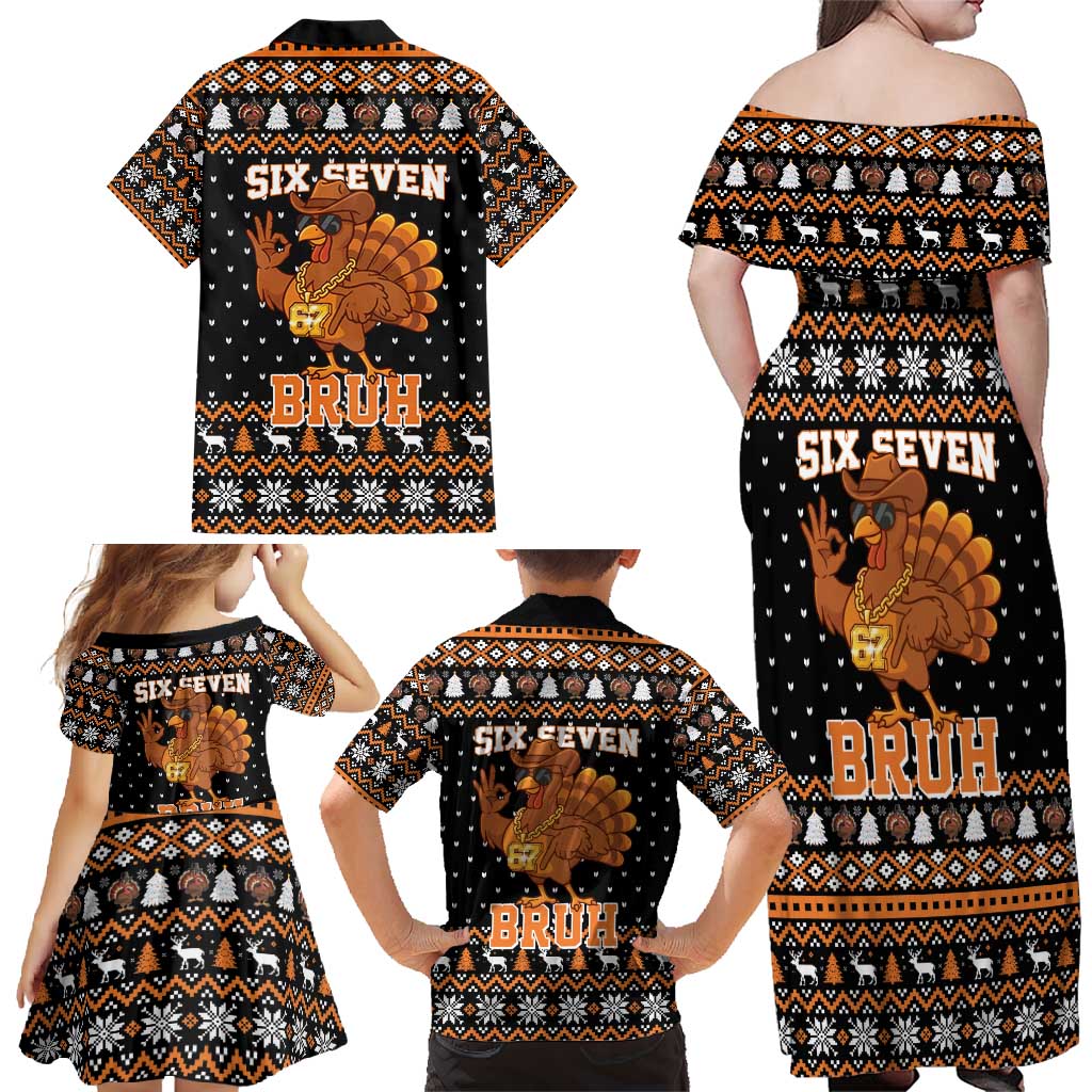Thanksgiving Turkey Six Seven Bruh Family Matching Off Shoulder Maxi Dress and Hawaiian Shirt Meme Gen Alpha Slang - Wonder Print Shop