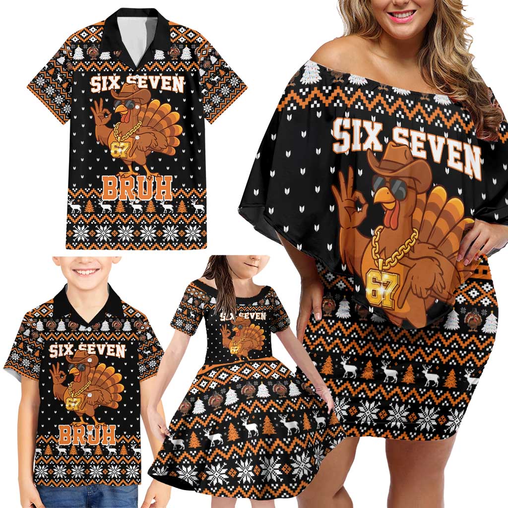 Thanksgiving Turkey Six Seven Bruh Family Matching Off Shoulder Short Dress and Hawaiian Shirt Meme Gen Alpha Slang - Wonder Print Shop