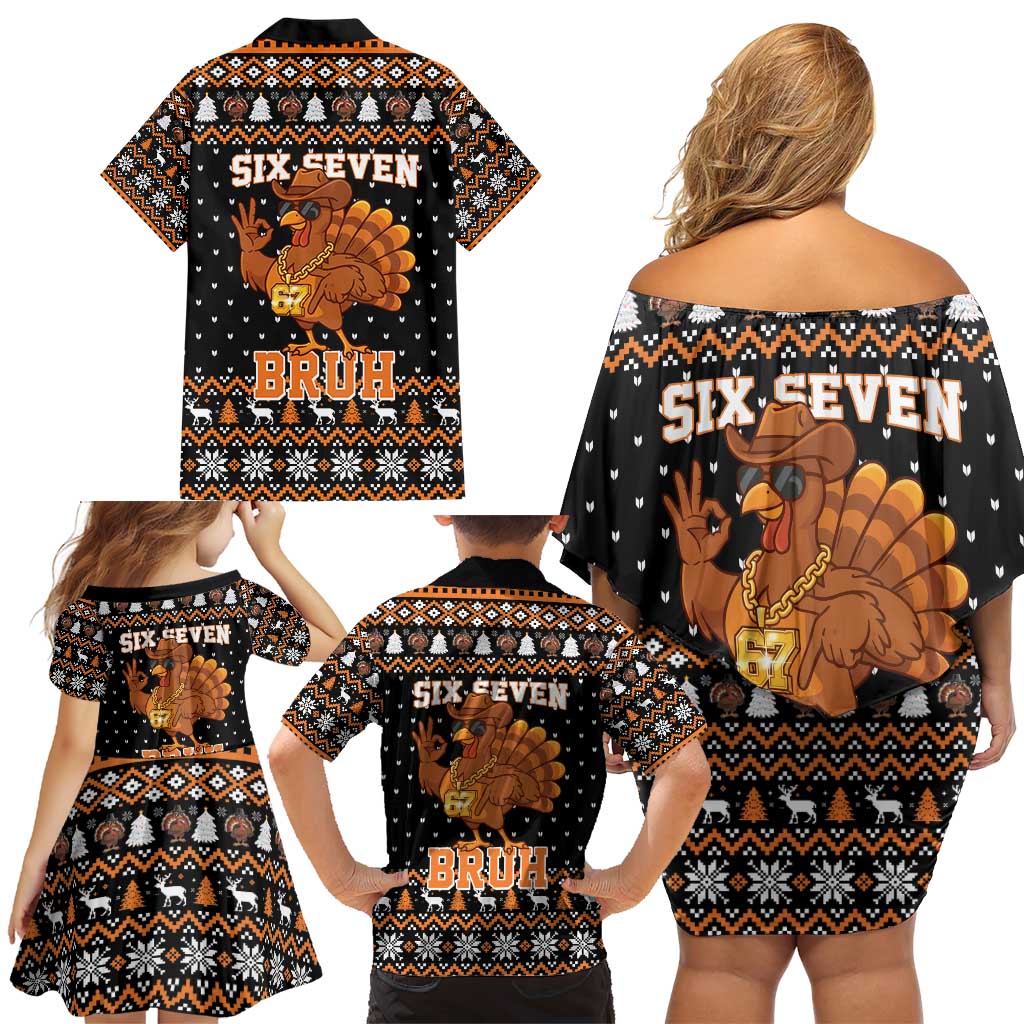 Thanksgiving Turkey Six Seven Bruh Family Matching Off Shoulder Short Dress and Hawaiian Shirt Meme Gen Alpha Slang - Wonder Print Shop