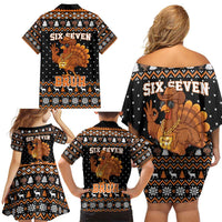 Thanksgiving Turkey Six Seven Bruh Family Matching Off Shoulder Short Dress and Hawaiian Shirt Meme Gen Alpha Slang - Wonder Print Shop