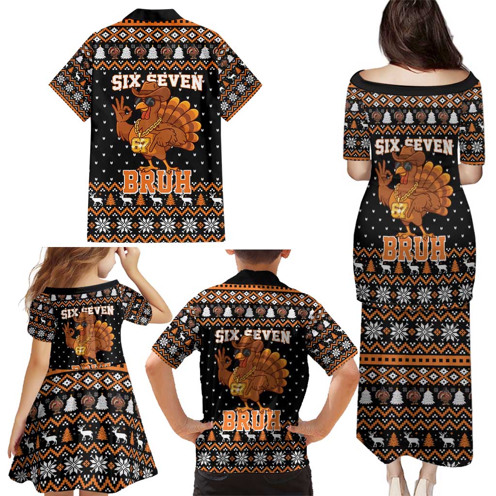 Thanksgiving Turkey Six Seven Bruh Family Matching Puletasi and Hawaiian Shirt Meme Gen Alpha Slang - Wonder Print Shop