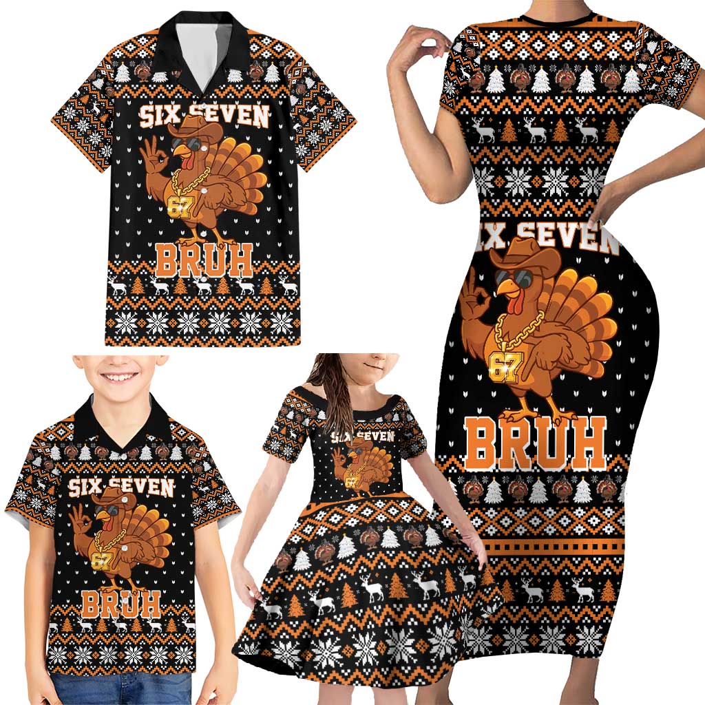 Thanksgiving Turkey Six Seven Bruh Family Matching Short Sleeve Bodycon Dress and Hawaiian Shirt Meme Gen Alpha Slang - Wonder Print Shop