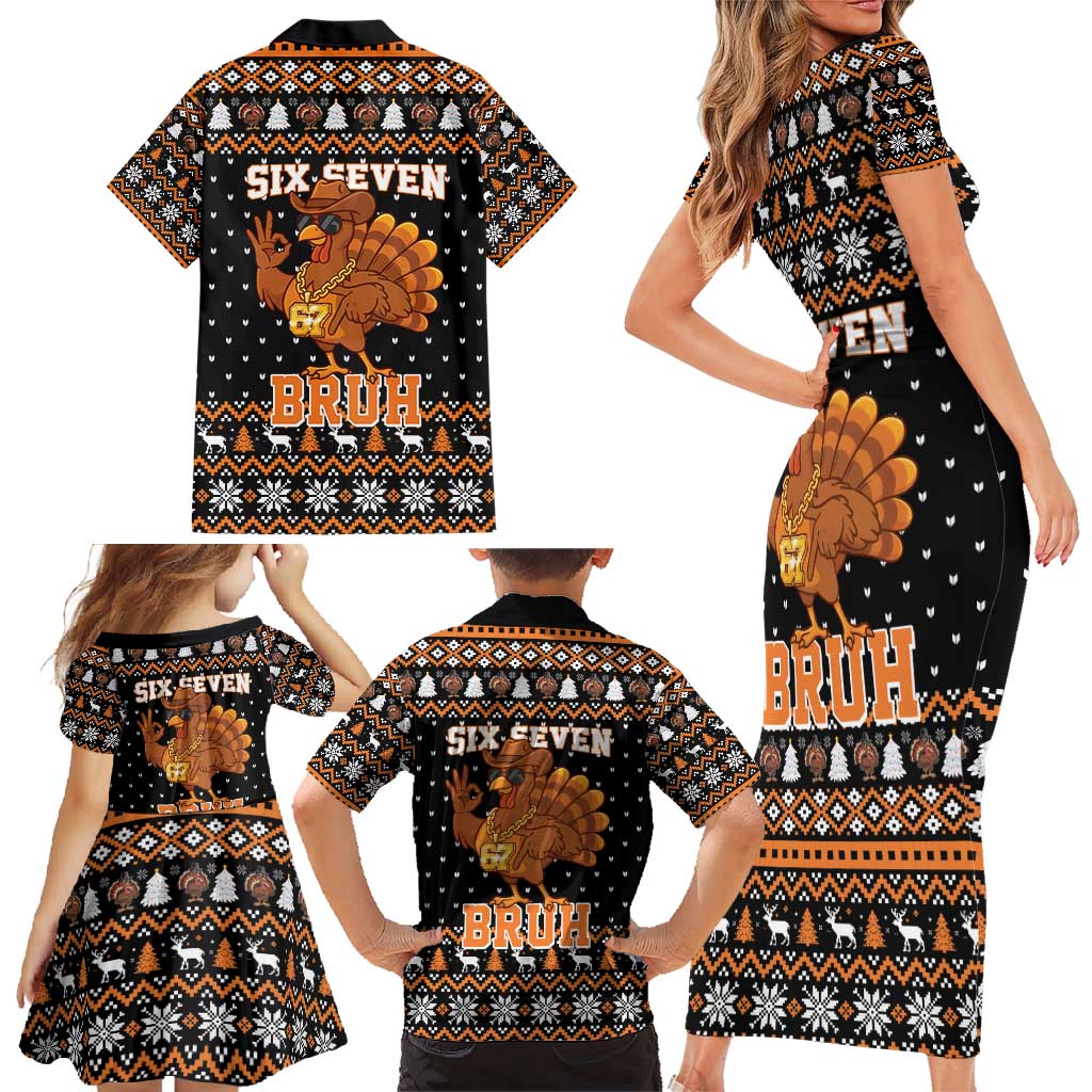 Thanksgiving Turkey Six Seven Bruh Family Matching Short Sleeve Bodycon Dress and Hawaiian Shirt Meme Gen Alpha Slang - Wonder Print Shop