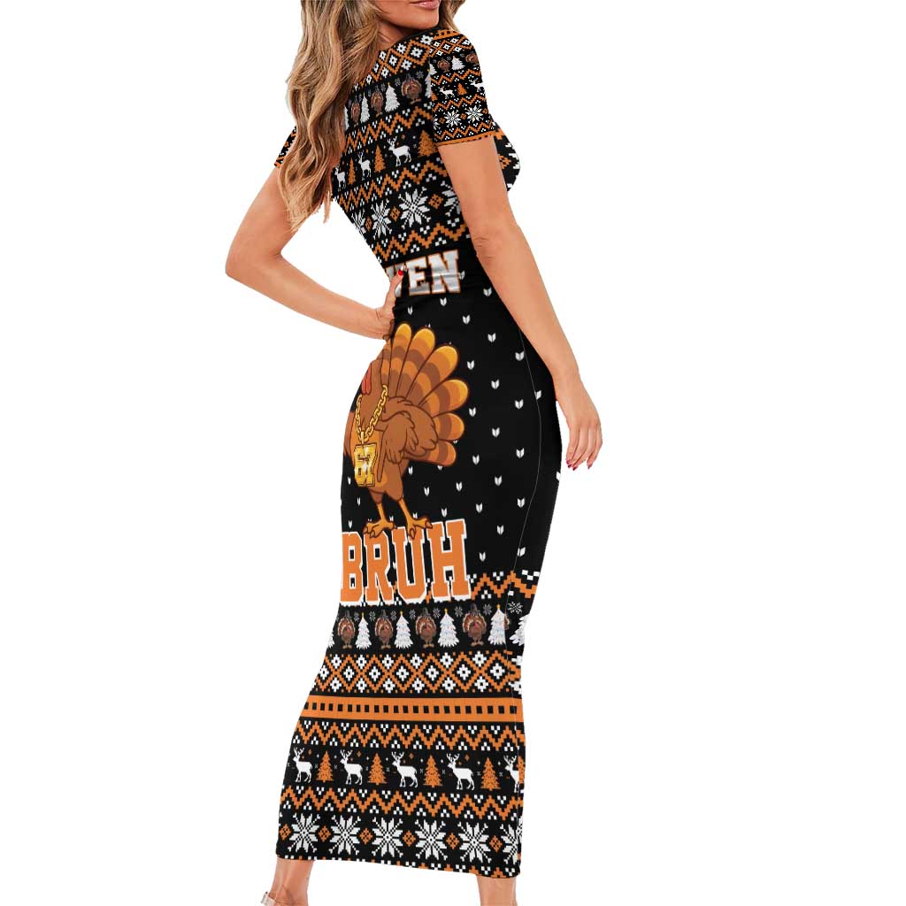 Thanksgiving Turkey Six Seven Bruh Family Matching Short Sleeve Bodycon Dress and Hawaiian Shirt Meme Gen Alpha Slang - Wonder Print Shop
