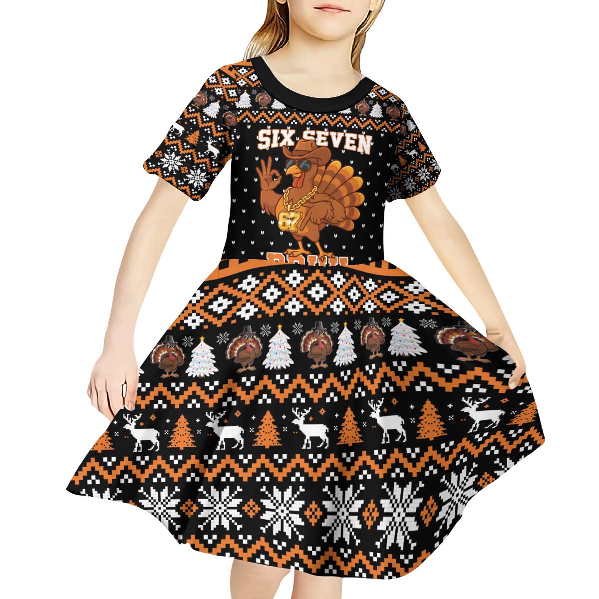 Thanksgiving Turkey Six Seven Bruh Kid Short Sleeve Dress Meme Gen Alpha Slang - Wonder Print Shop