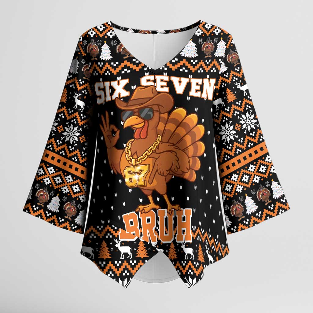 Thanksgiving Turkey Six Seven Bruh Kimono Sleeve Blouse Meme Gen Alpha Slang - Wonder Print Shop