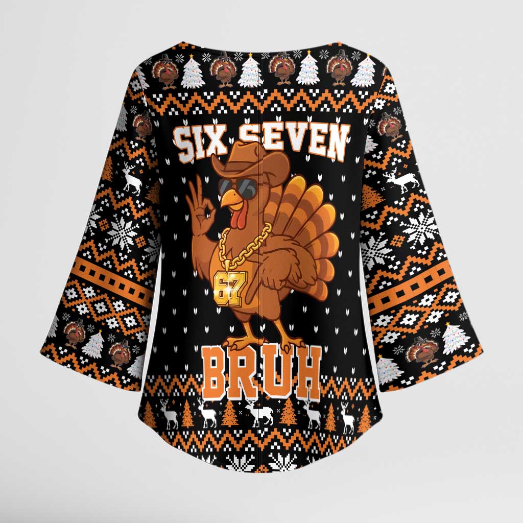 Thanksgiving Turkey Six Seven Bruh Kimono Sleeve Blouse Meme Gen Alpha Slang - Wonder Print Shop