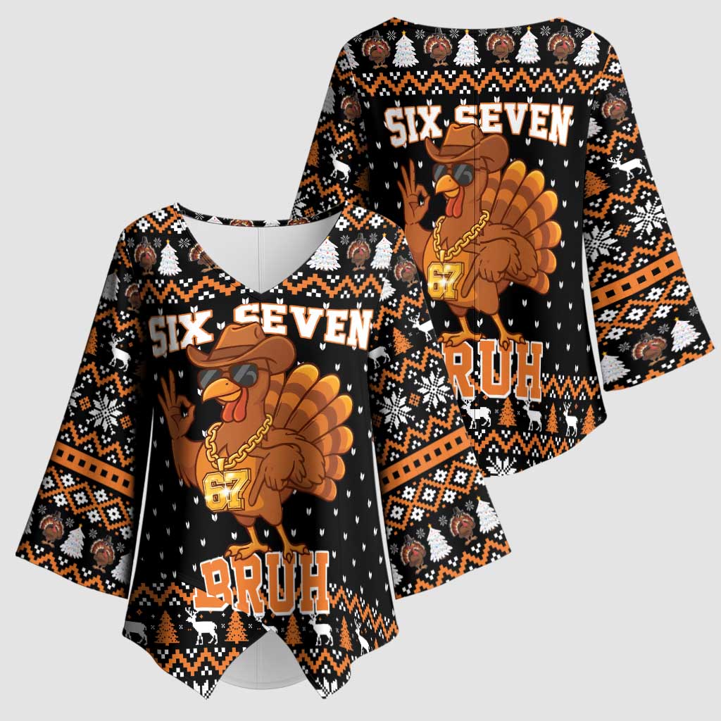 Thanksgiving Turkey Six Seven Bruh Kimono Sleeve Blouse Meme Gen Alpha Slang - Wonder Print Shop