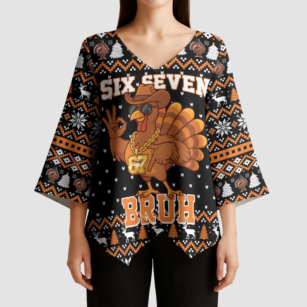 Thanksgiving Turkey Six Seven Bruh Kimono Sleeve Blouse Meme Gen Alpha Slang - Wonder Print Shop