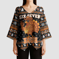 Thanksgiving Turkey Six Seven Bruh Kimono Sleeve Blouse Meme Gen Alpha Slang - Wonder Print Shop