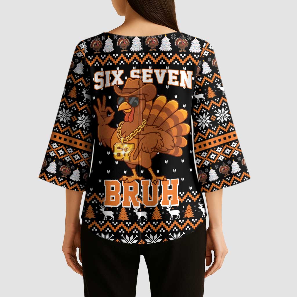 Thanksgiving Turkey Six Seven Bruh Kimono Sleeve Blouse Meme Gen Alpha Slang - Wonder Print Shop