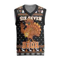 Thanksgiving Turkey Six Seven Bruh Christmas Knitted V-Neck Vest Meme Gen Alpha Slang - Wonder Print Shop