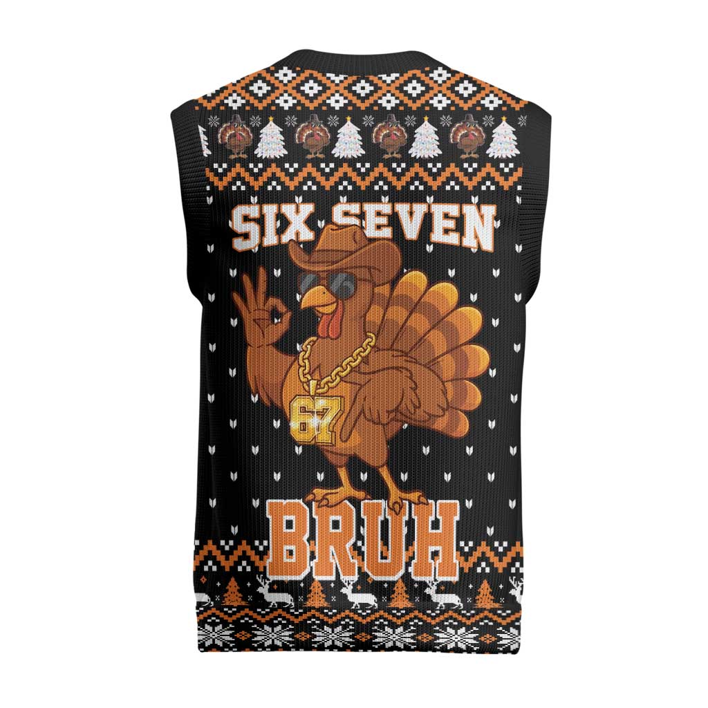 Thanksgiving Turkey Six Seven Bruh Christmas Knitted V-Neck Vest Meme Gen Alpha Slang - Wonder Print Shop