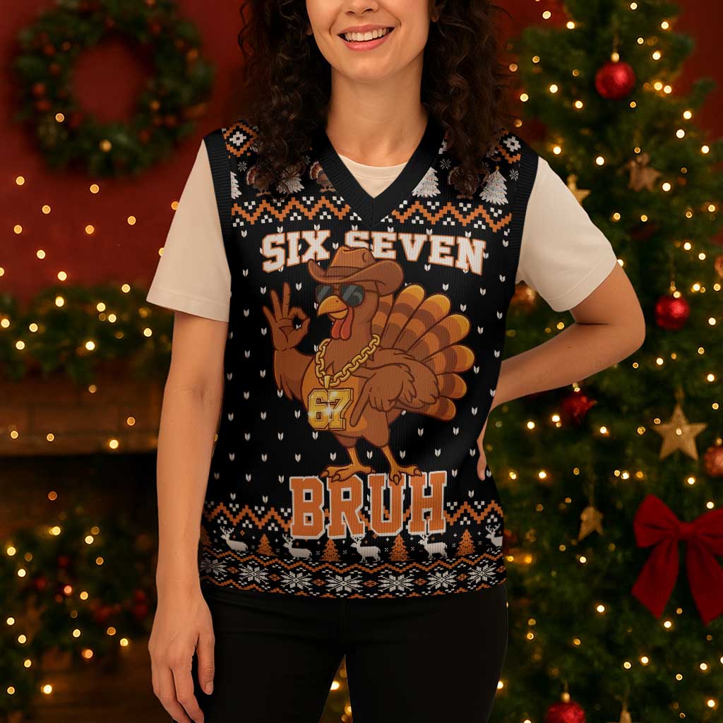 Thanksgiving Turkey Six Seven Bruh Christmas Knitted V-Neck Vest Meme Gen Alpha Slang - Wonder Print Shop