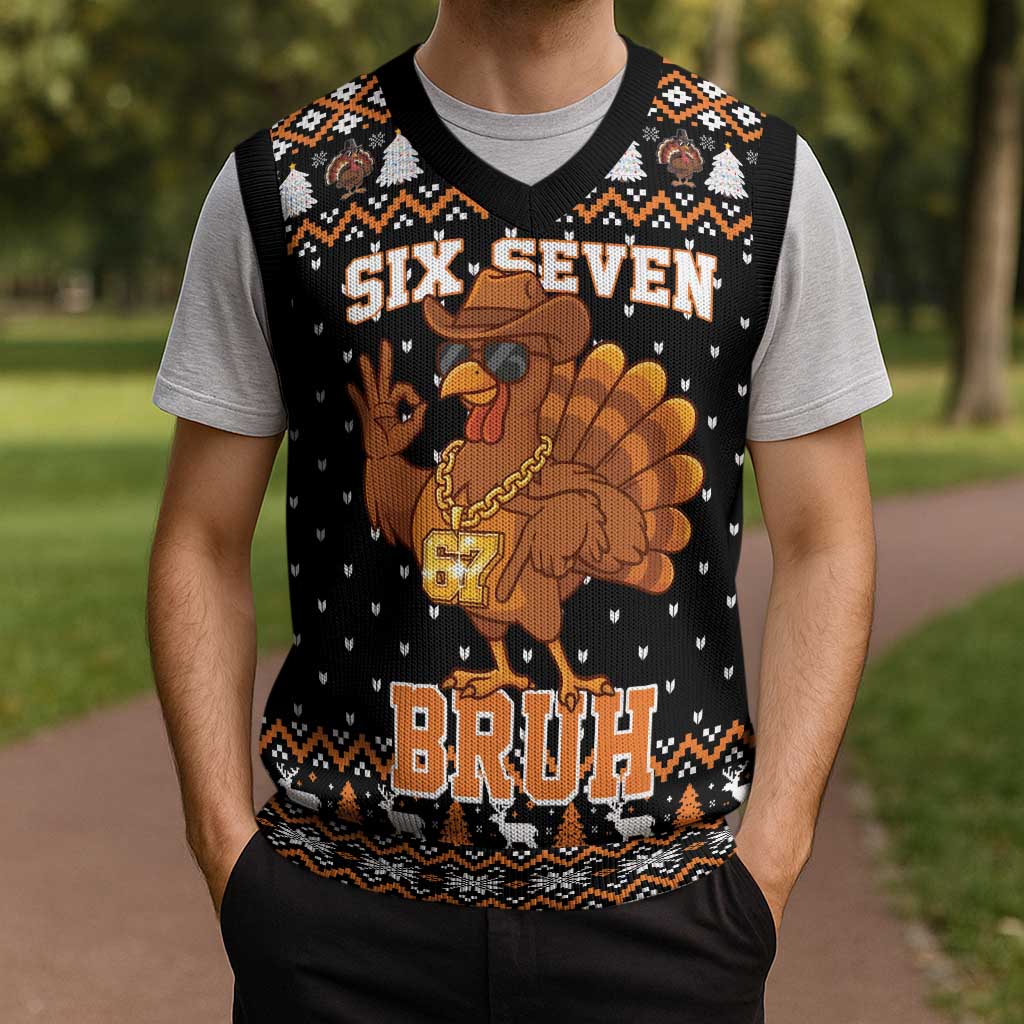 Thanksgiving Turkey Six Seven Bruh Christmas Knitted V-Neck Vest Meme Gen Alpha Slang - Wonder Print Shop