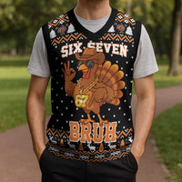 Thanksgiving Turkey Six Seven Bruh Christmas Knitted V-Neck Vest Meme Gen Alpha Slang - Wonder Print Shop