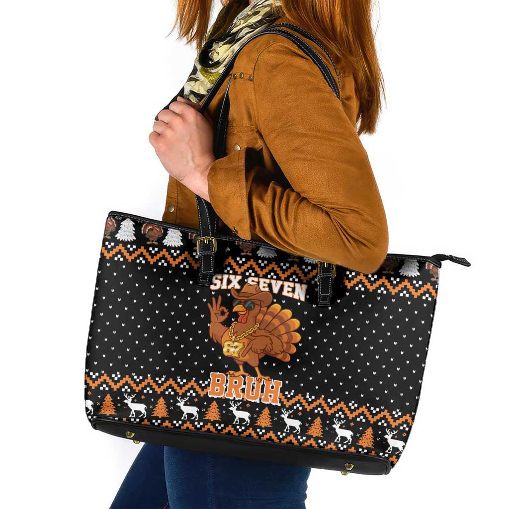 Thanksgiving Turkey Six Seven Bruh Leather Tote Bag Meme Gen Alpha Slang - Wonder Print Shop