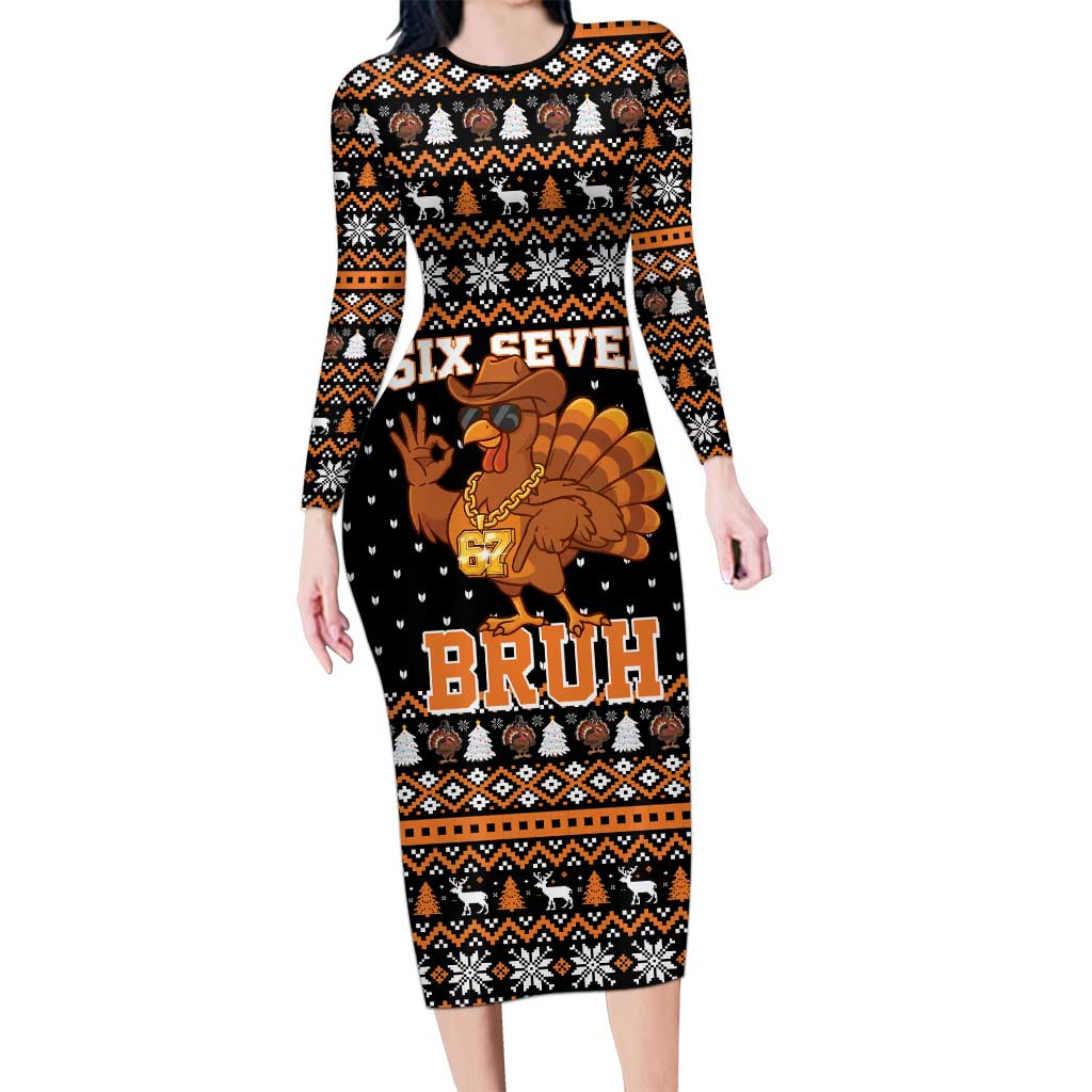 Thanksgiving Turkey Six Seven Bruh Long Sleeve Bodycon Dress Meme Gen Alpha Slang - Wonder Print Shop