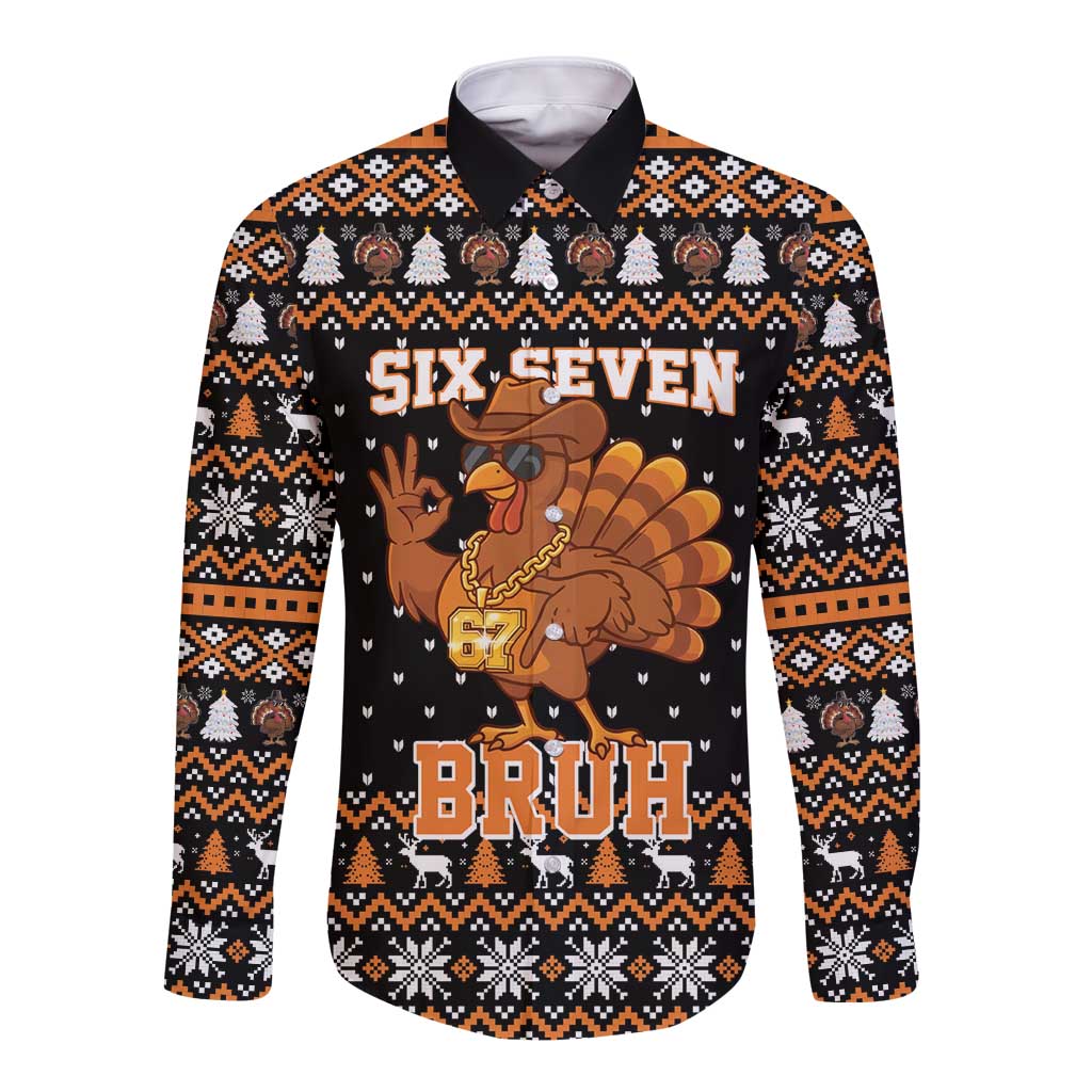 Thanksgiving Turkey Six Seven Bruh Long Sleeve Button Shirt Meme Gen Alpha Slang - Wonder Print Shop