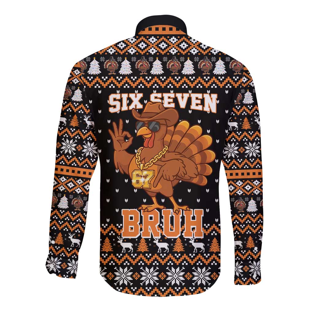 Thanksgiving Turkey Six Seven Bruh Long Sleeve Button Shirt Meme Gen Alpha Slang - Wonder Print Shop