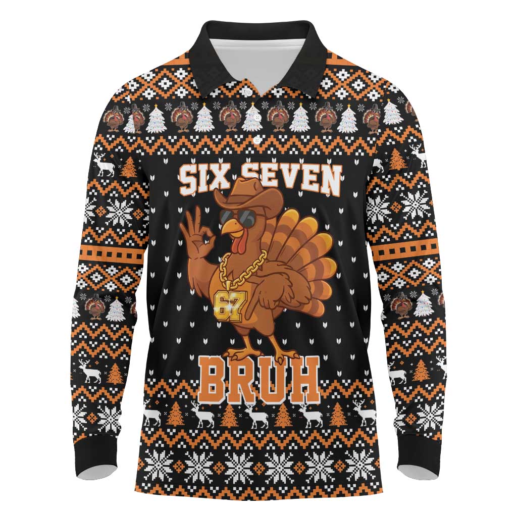 Thanksgiving Turkey Six Seven Bruh Long Sleeve Polo Shirt Meme Gen Alpha Slang - Wonder Print Shop