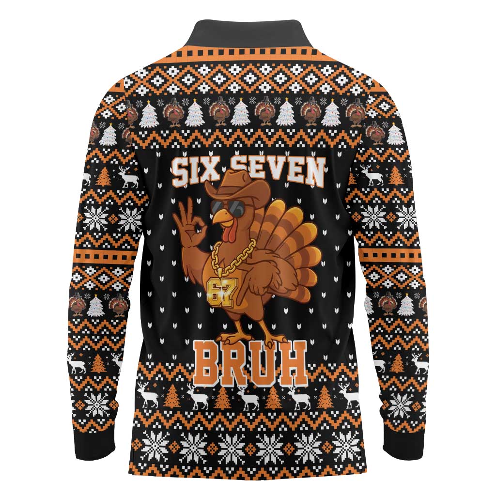 Thanksgiving Turkey Six Seven Bruh Long Sleeve Polo Shirt Meme Gen Alpha Slang - Wonder Print Shop