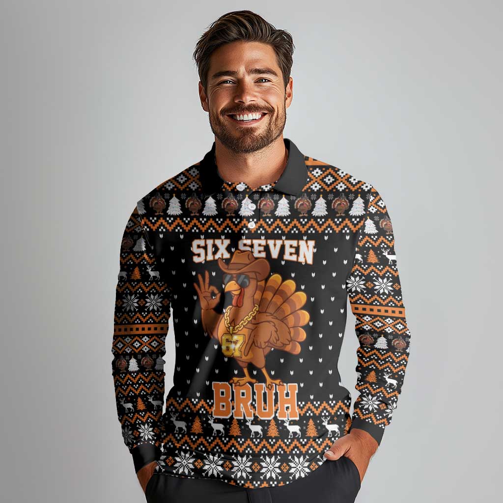 Thanksgiving Turkey Six Seven Bruh Long Sleeve Polo Shirt Meme Gen Alpha Slang - Wonder Print Shop