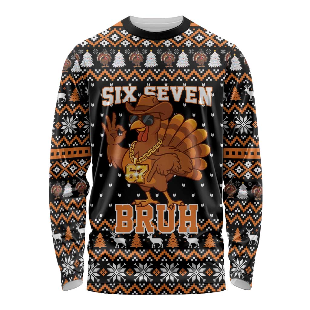 Thanksgiving Turkey Six Seven Bruh Long Sleeve Shirt Meme Gen Alpha Slang - Wonder Print Shop