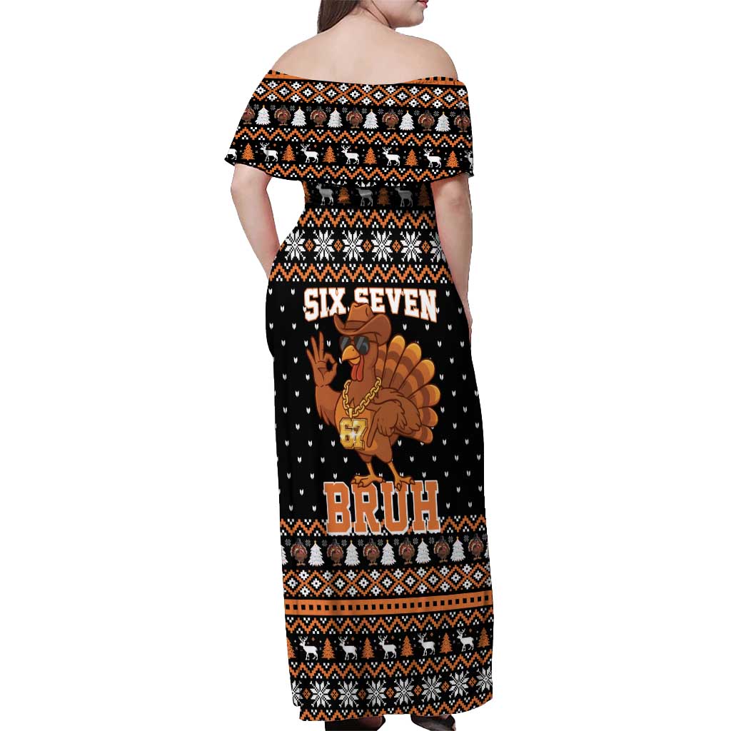 Thanksgiving Turkey Six Seven Bruh Off Shoulder Maxi Dress Meme Gen Alpha Slang - Wonder Print Shop