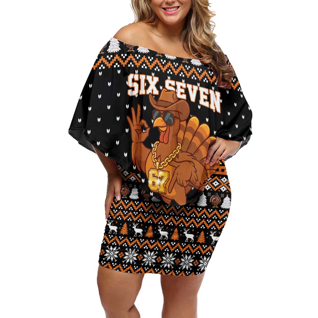 Thanksgiving Turkey Six Seven Bruh Off Shoulder Short Dress Meme Gen Alpha Slang - Wonder Print Shop