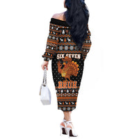 Thanksgiving Turkey Six Seven Bruh Off The Shoulder Long Sleeve Dress Meme Gen Alpha Slang - Wonder Print Shop