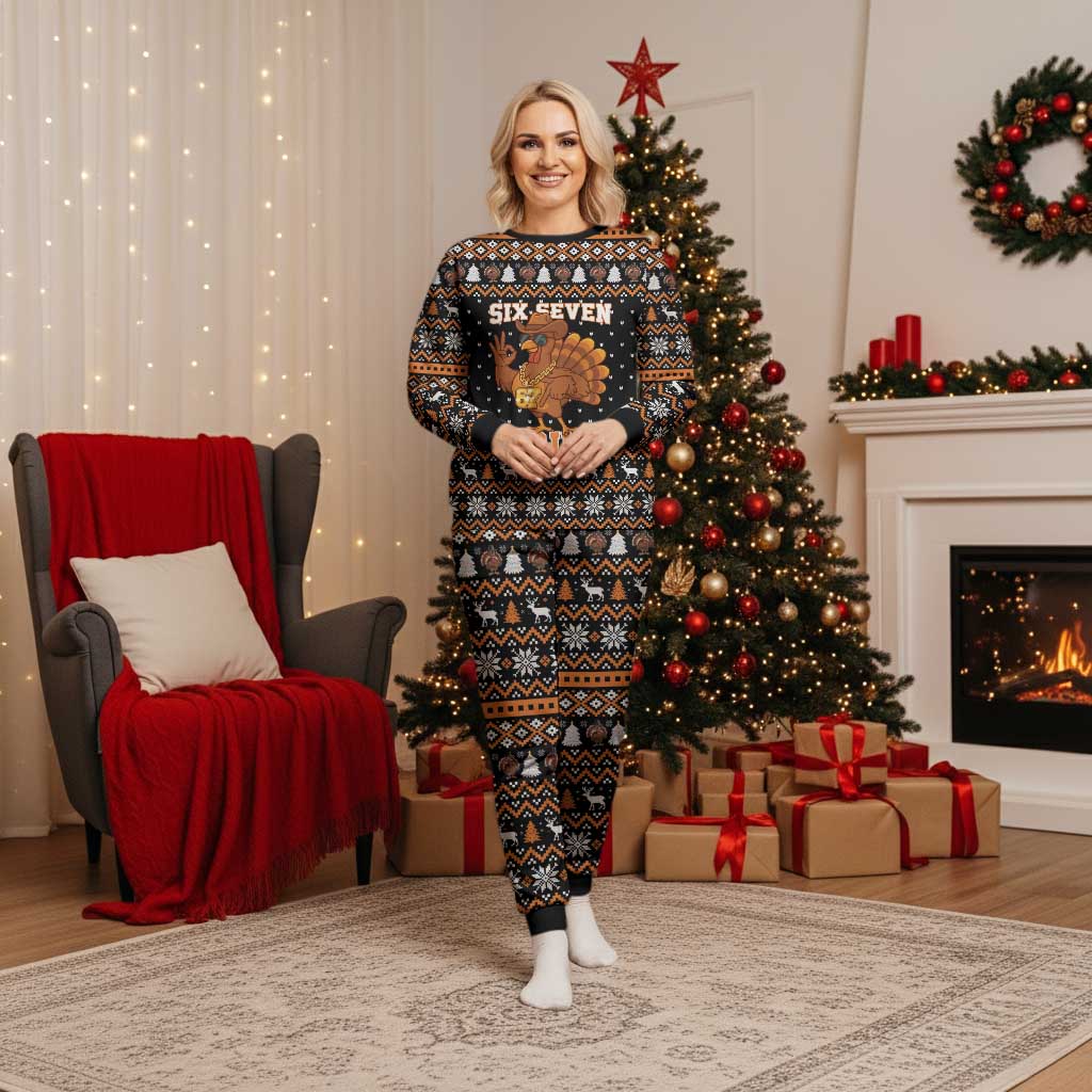 Thanksgiving Turkey Six Seven Bruh Christmas Pajama Set Meme Gen Alpha Slang - Wonder Print Shop