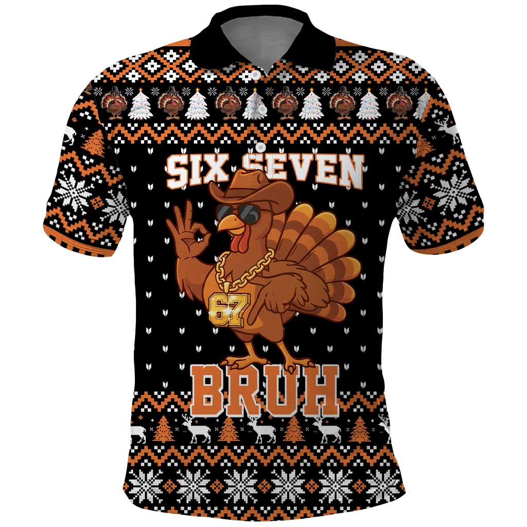 Thanksgiving Turkey Six Seven Bruh Polo Shirt Meme Gen Alpha Slang - Wonder Print Shop
