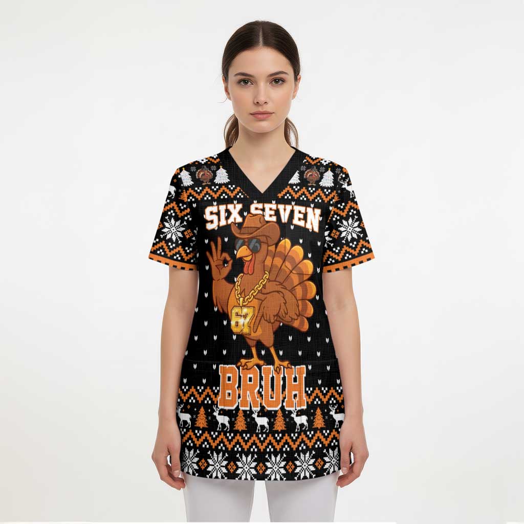 Thanksgiving Turkey Six Seven Bruh Scrub Top Meme Gen Alpha Slang - Wonder Print Shop