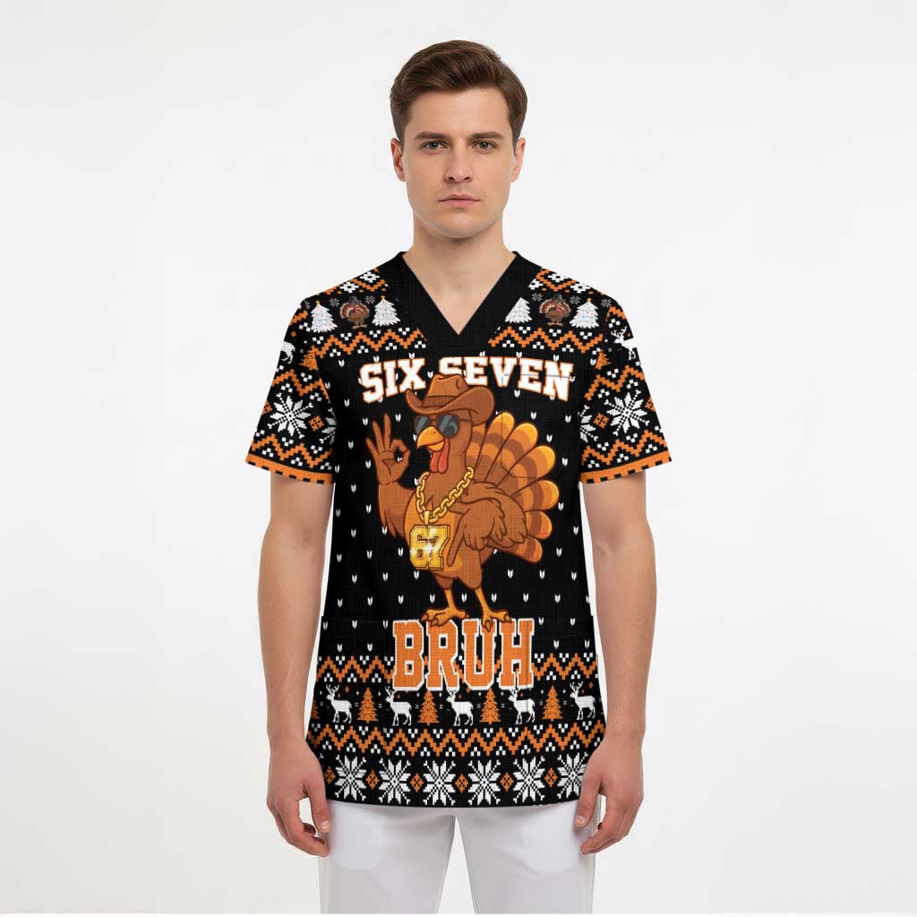 Thanksgiving Turkey Six Seven Bruh Scrub Top Meme Gen Alpha Slang - Wonder Print Shop