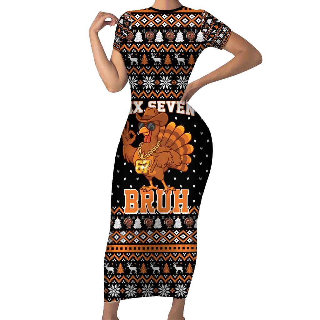 Thanksgiving Turkey Six Seven Bruh Short Sleeve Bodycon Dress Meme Gen Alpha Slang - Wonder Print Shop