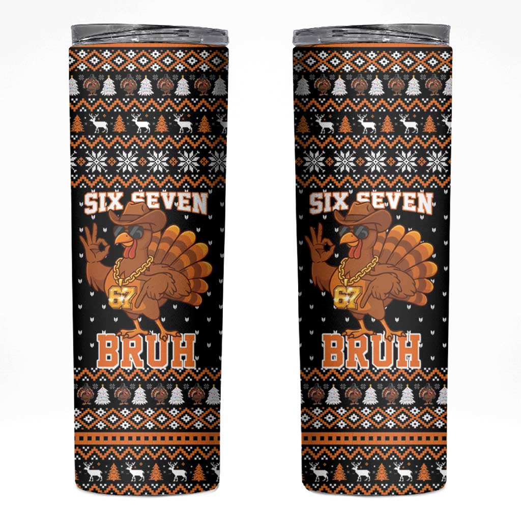 Thanksgiving Turkey Six Seven Bruh Skinny Tumbler Meme Gen Alpha Slang - Wonder Print Shop