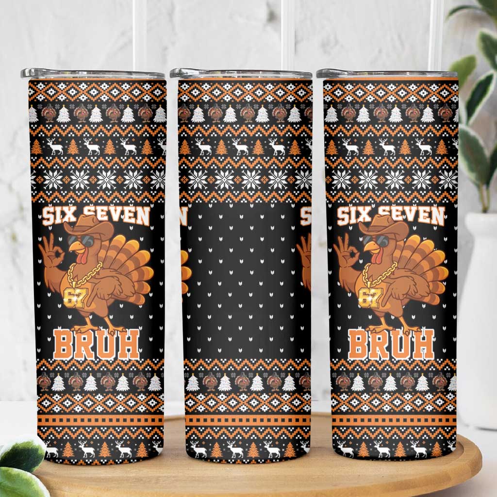 Thanksgiving Turkey Six Seven Bruh Skinny Tumbler Meme Gen Alpha Slang - Wonder Print Shop