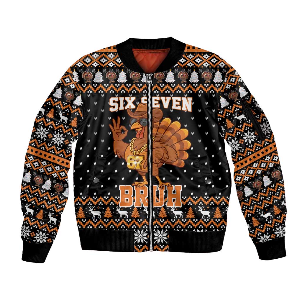 Thanksgiving Turkey Six Seven Bruh Sleeve Zip Bomber Jacket Meme Gen Alpha Slang - Wonder Print Shop