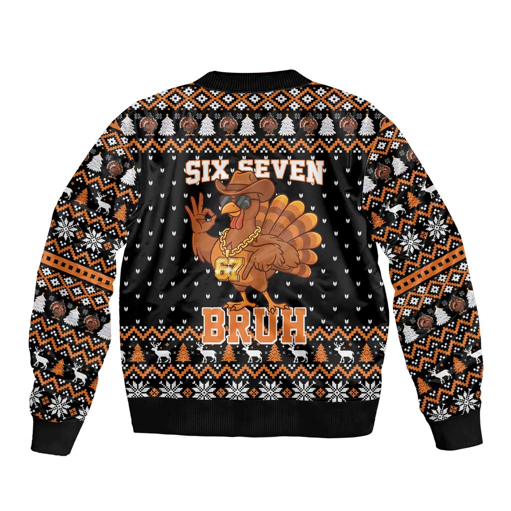 Thanksgiving Turkey Six Seven Bruh Sleeve Zip Bomber Jacket Meme Gen Alpha Slang - Wonder Print Shop