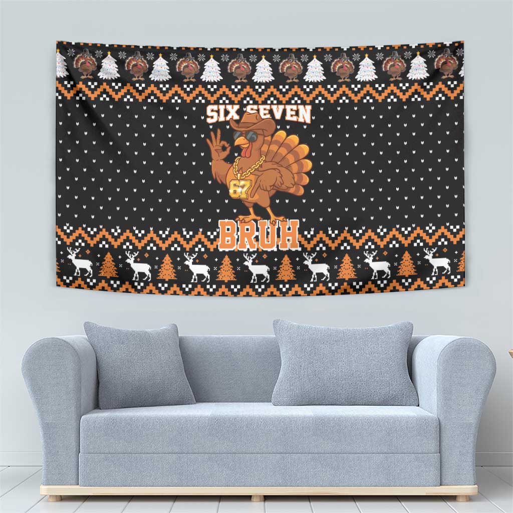 Thanksgiving Turkey Six Seven Bruh Tapestry Meme Gen Alpha Slang - Wonder Print Shop