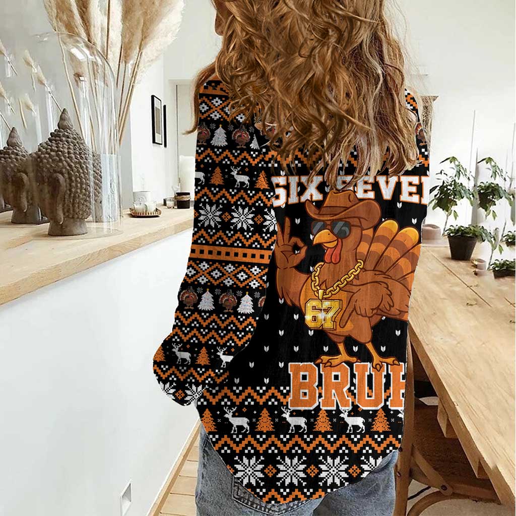 Thanksgiving Turkey Six Seven Bruh Women Casual Shirt Meme Gen Alpha Slang - Wonder Print Shop