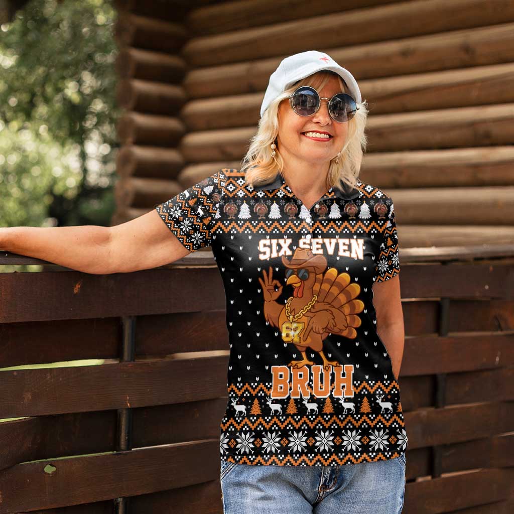 Thanksgiving Turkey Six Seven Bruh Women Polo Shirt Meme Gen Alpha Slang - Wonder Print Shop