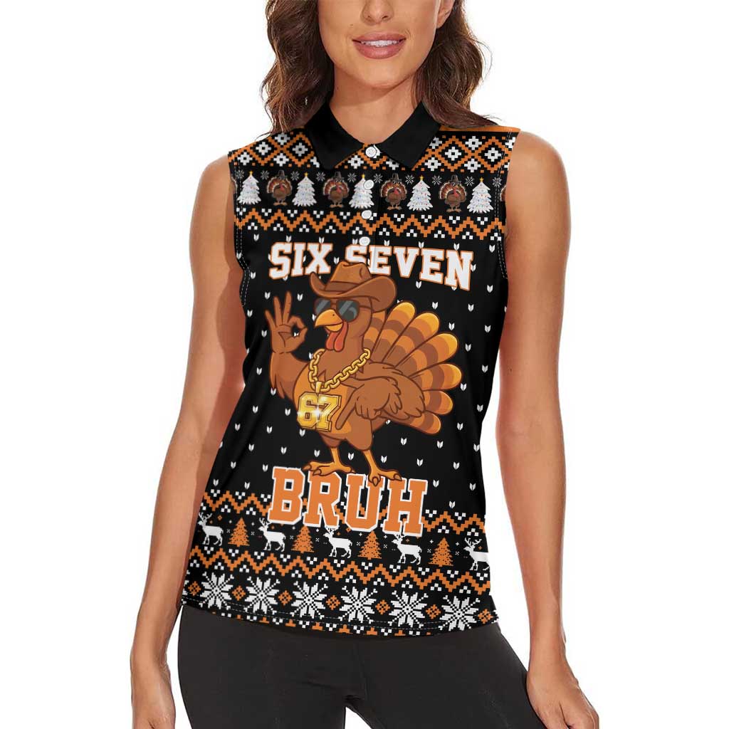 Thanksgiving Turkey Six Seven Bruh Women Sleeveless Polo Shirt Meme Gen Alpha Slang - Wonder Print Shop